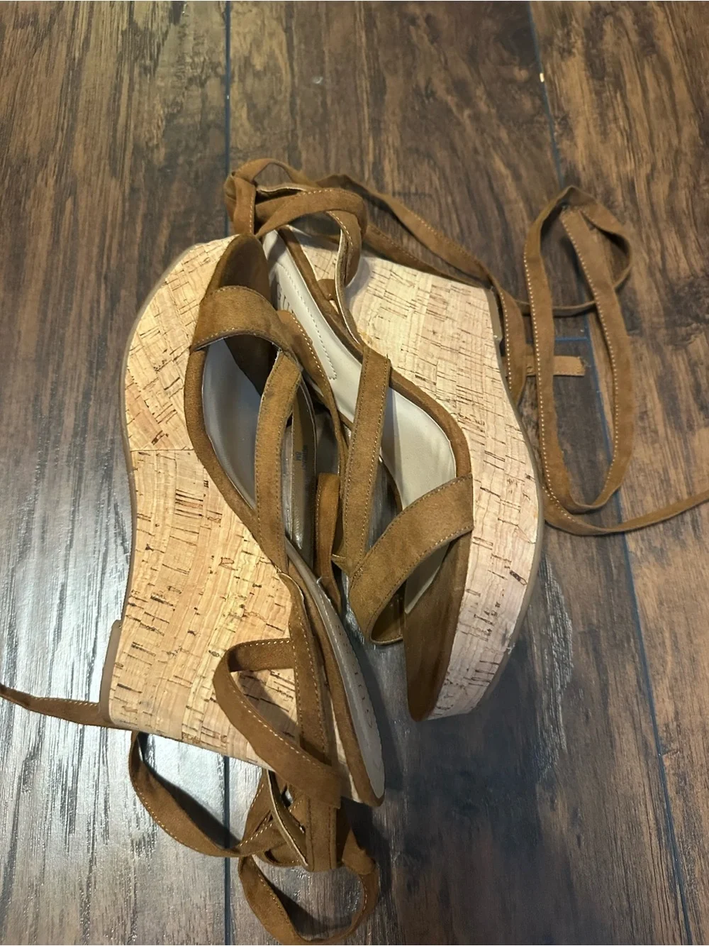Guess Tan Suede Cork Lace-Up Wedge Sandals